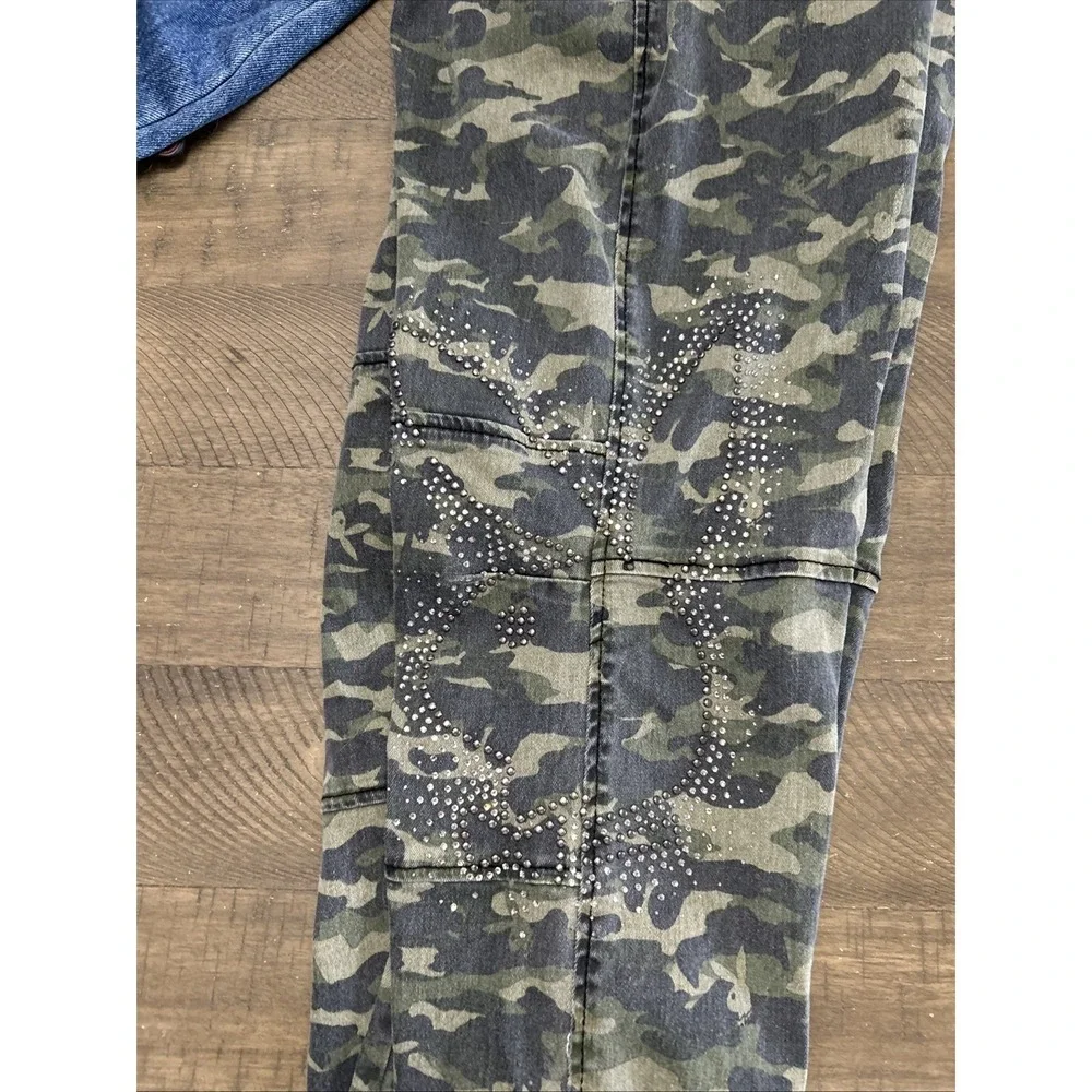 Women's‎ Y2K Playboy Camo Pants Baggy Rhinestone Bling Utility Wide Leg 9 Flare